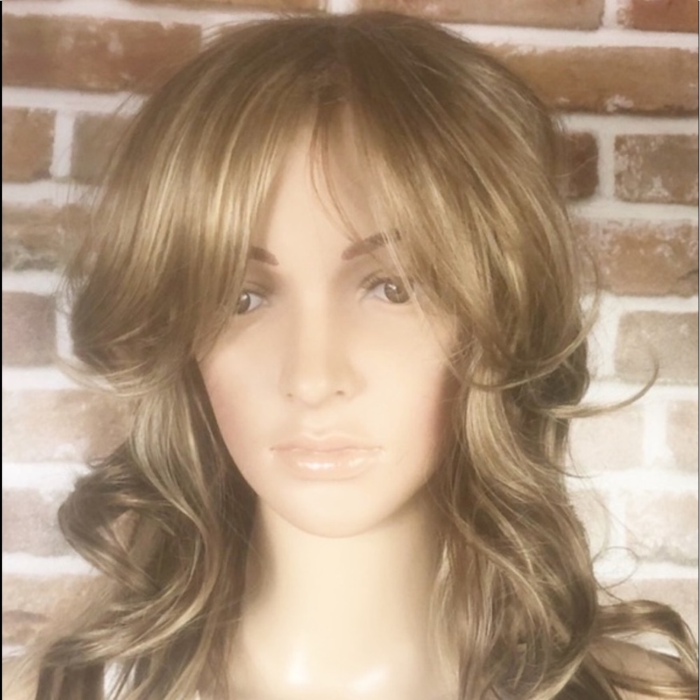 Curly Long Brown Highlighted Synthetic Wig w Bang